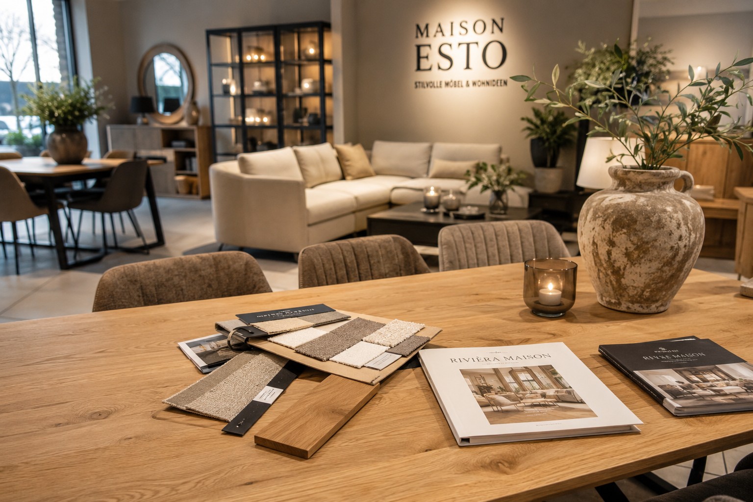 Geplanter Ausstellungsraum von Maison ESTO mit Möbeln, Stoffmustern und Wohnideen