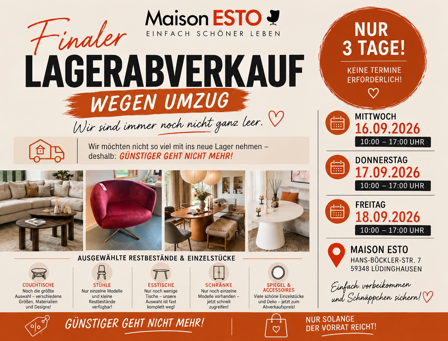 Finaler Lagerabverkauf wegen Umzug bei Maison ESTO in Lüdinghausen